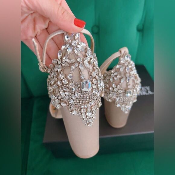 Badgley Mischka Ainsley Crystal Embellished Ankle Strap Sandal, Latte Satin, 9.5 - Picture 10 of 11